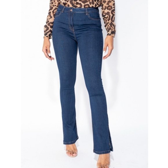 Blue High Waist Split Hem Skinny Flare Jeans Denim Pants - Picture 4 of 8